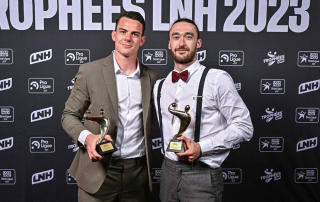 Lucien Auffret (à droite), meilleur ailier droit de ProLigue 2022-23, retrouvera la Liqui Moly Starligue la saison prochaine avec le Dijon Métropole Handball.